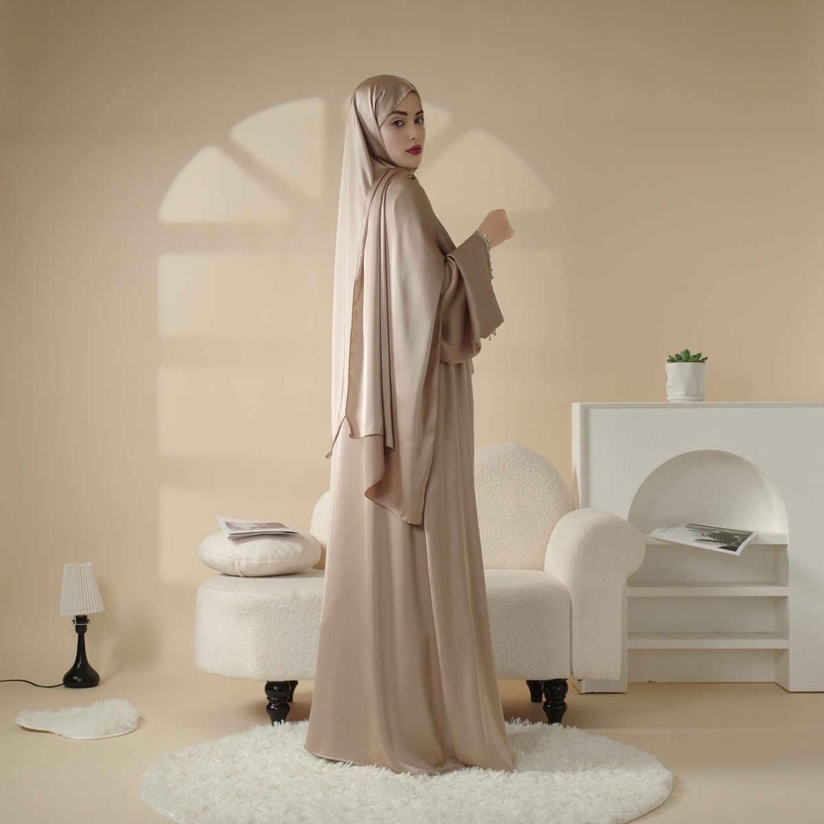 Archive Piece Satin Abaya With Matching Belt Made Of Diamond Tassel - MP003 (Size XXS/XS Only) - Mariam's Collection