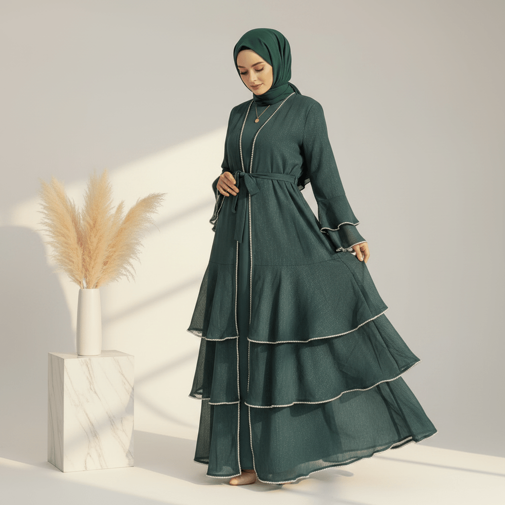 Archive Piece Shimmer Crepe Open Abaya & Belt Set - MP013 (Size M Only) - Mariam's Collection
