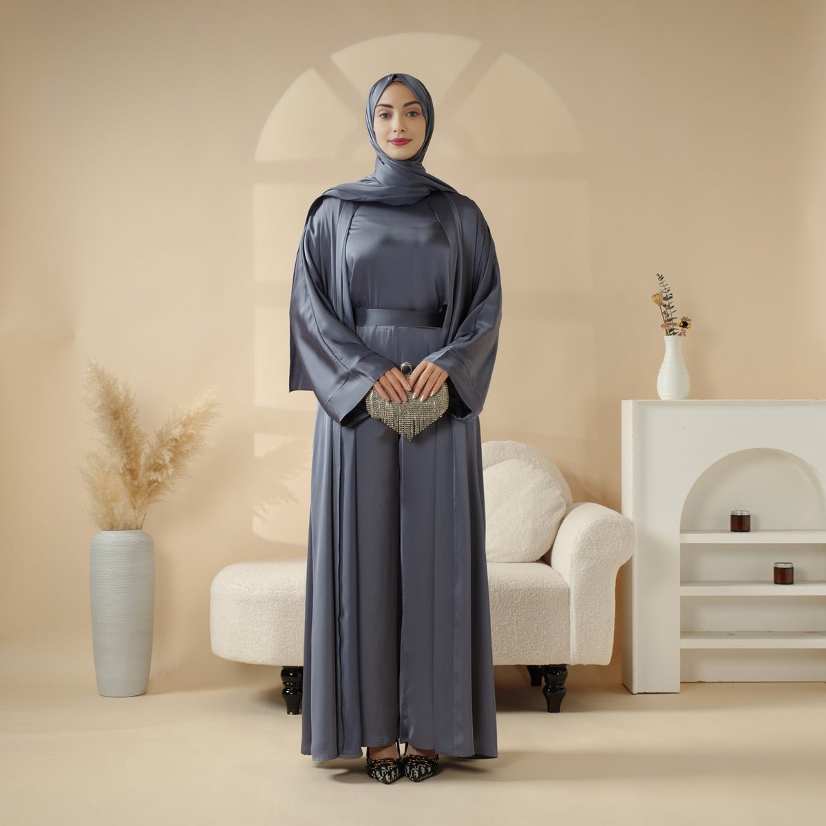 Armani Satin Abaya 4 - Piece Set: Open Abaya, Top, Pants and Matching Hijab (MOA034) - Mariam's Collection