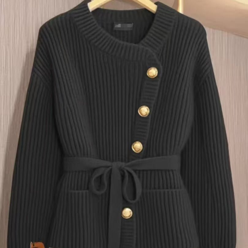 Asymmetric Belted Knit Cardigan | Korean Style Button - Front Sweater(MS201) - Mariam's Collection