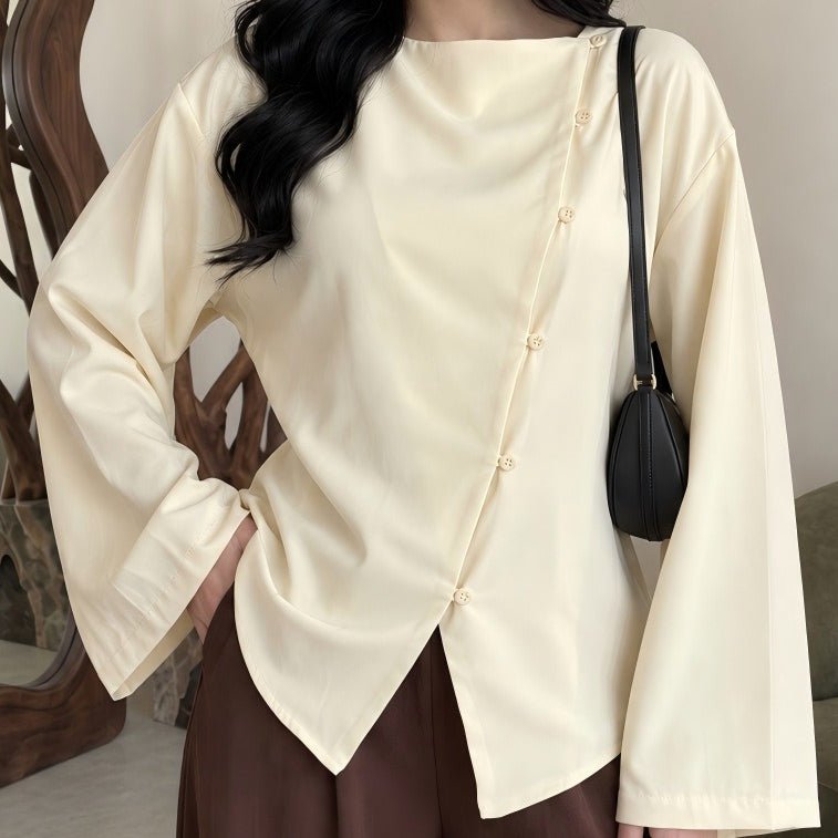 Asymmetric Button Long-Sleeve Top(MS557) - Mariam's Collection