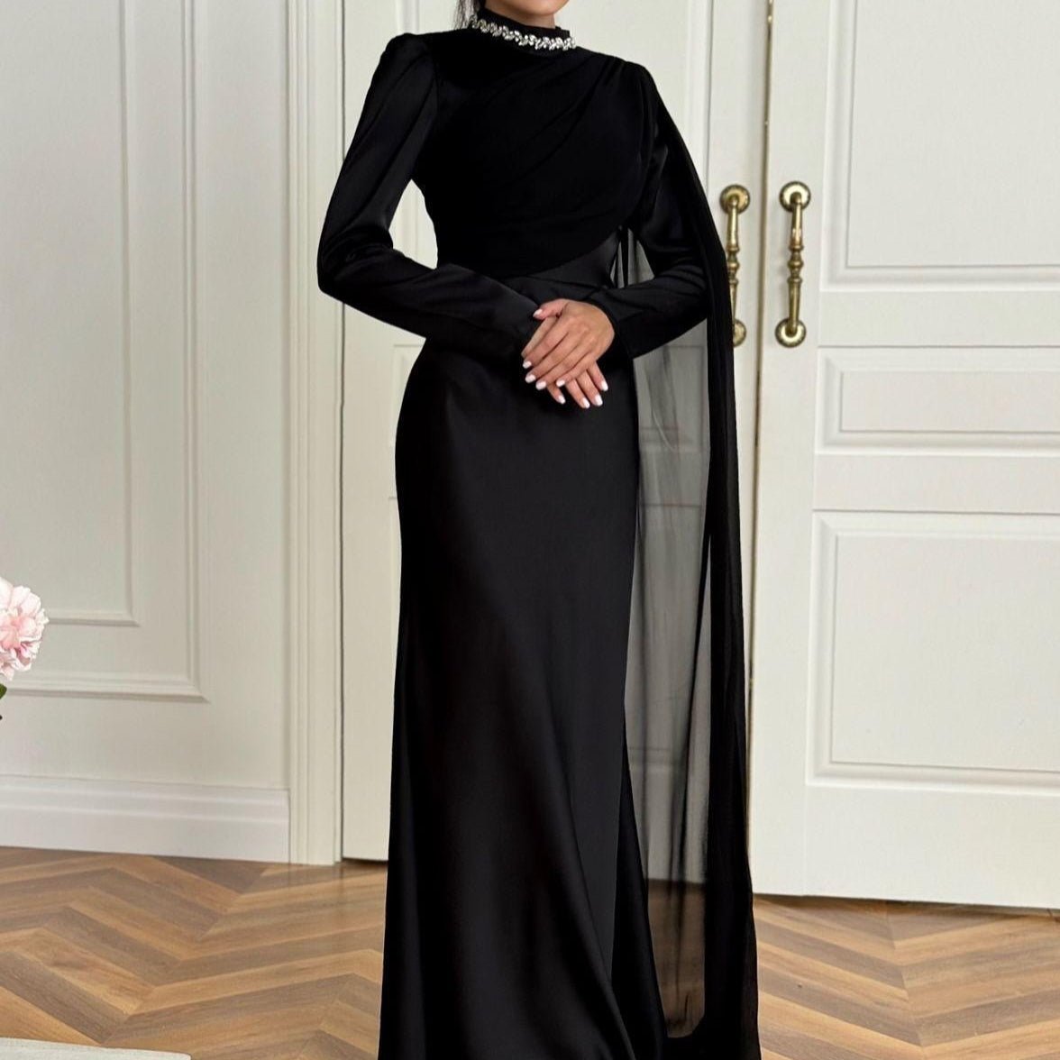 Asymmetric Cape-Sleeve Evening Gown | Rhinestone High-Neck Maxi Dress(MS580) - Mariam's Collection