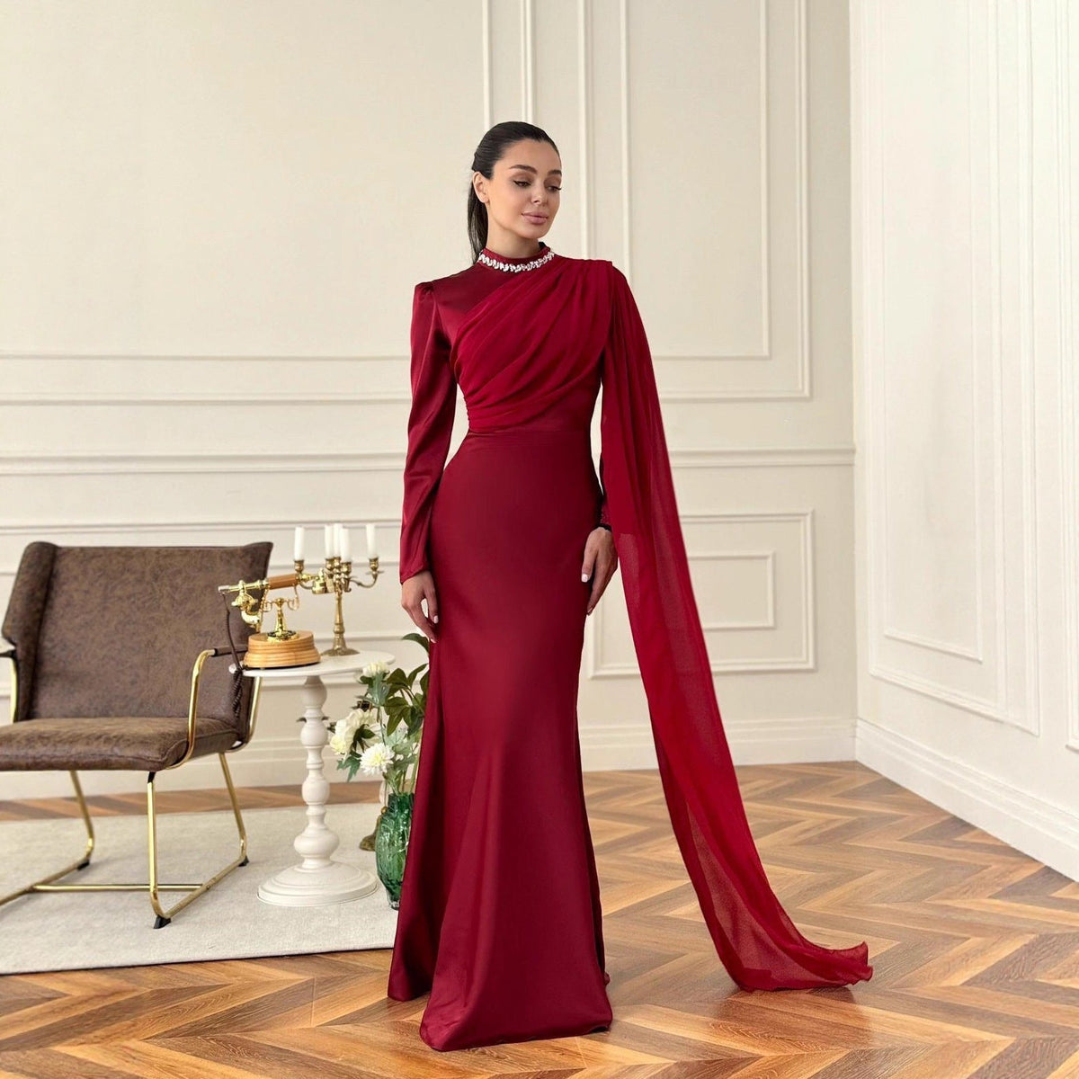 Asymmetric Cape-Sleeve Evening Gown | Rhinestone High-Neck Maxi Dress(MS580) - Mariam's Collection