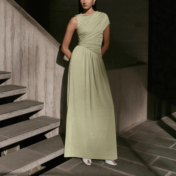 Asymmetric Draped Maxi Dress(MS352) Matcha / S