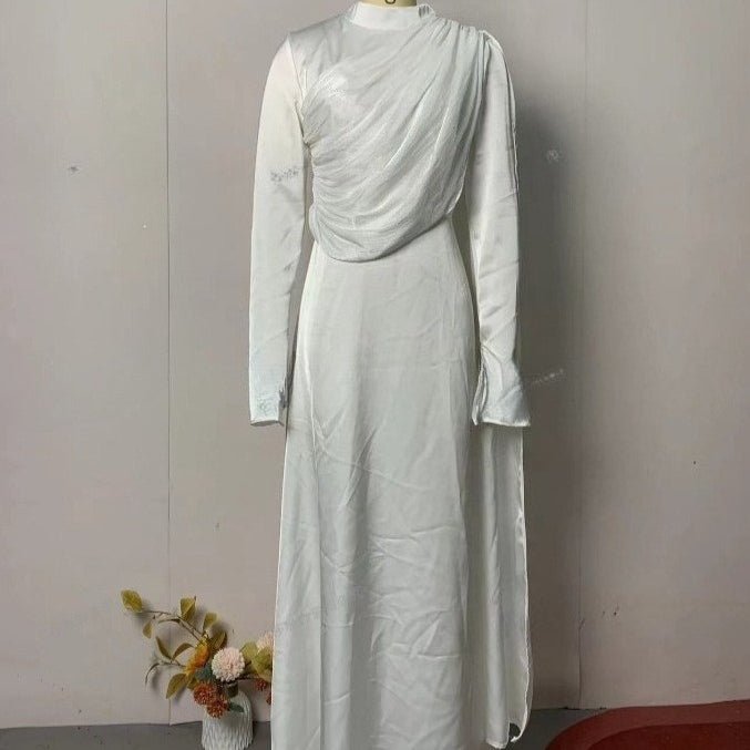 Asymmetric Draped White Evening Gown | Ruched Cape Sleeve Maxi Dress(MA354) - Mariam's Collection