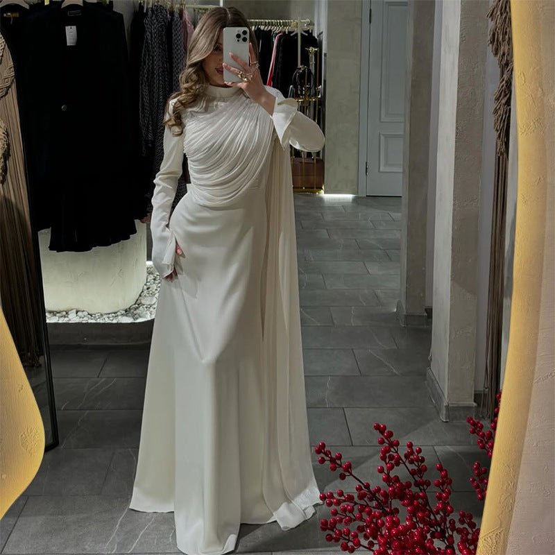 Asymmetric Draped White Evening Gown | Ruched Cape Sleeve Maxi Dress(MA354) - Mariam's Collection