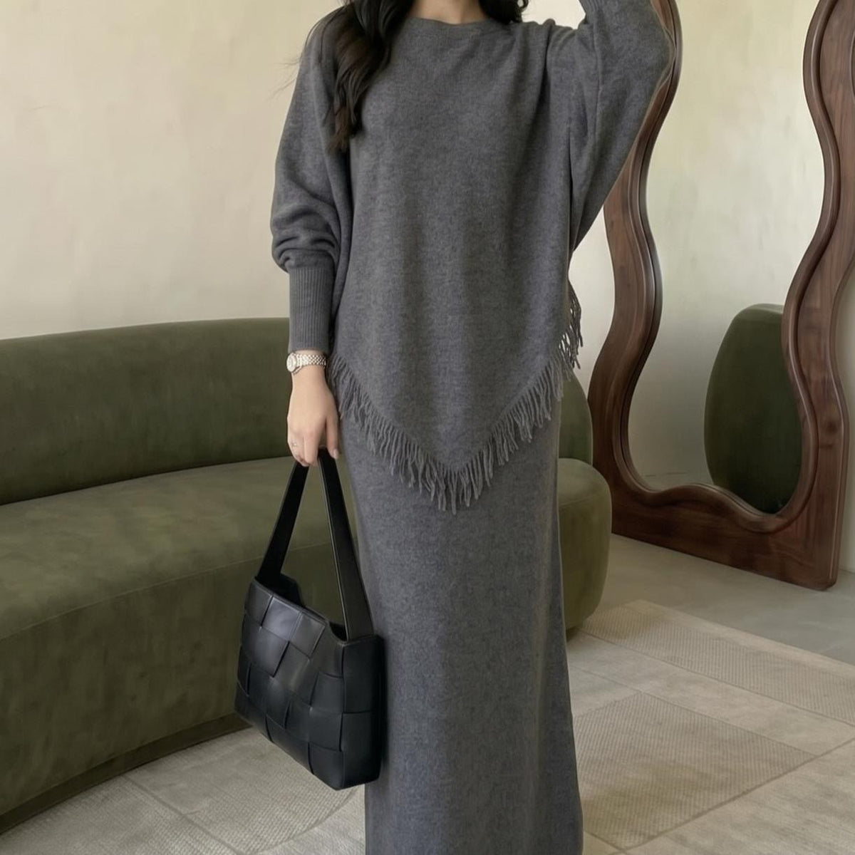 Asymmetric Fringe Knit Top & Maxi Skirt Set | Modest Two-Piece Outfit(MS581) - Mariam's Collection