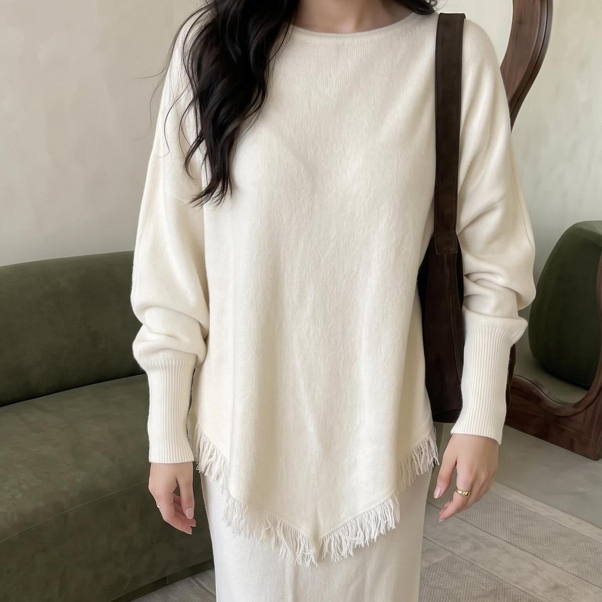 Asymmetric Fringe Knit Top & Maxi Skirt Set | Modest Two-Piece Outfit(MS581) - Mariam's Collection