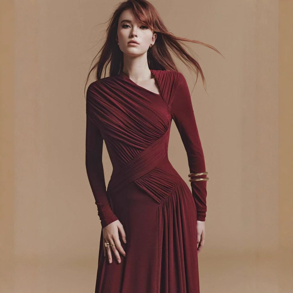 Asymmetric Ruched Gown with Diagonal Draping(MS262) Black / XL