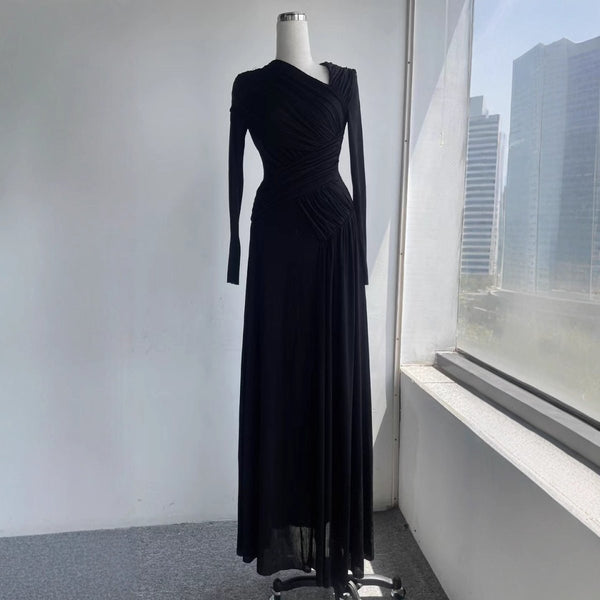 black ruched asymmetric maxi dress with drape Akeeva Ruched Asymmetric One-Shoulder Maxi Dress in Black