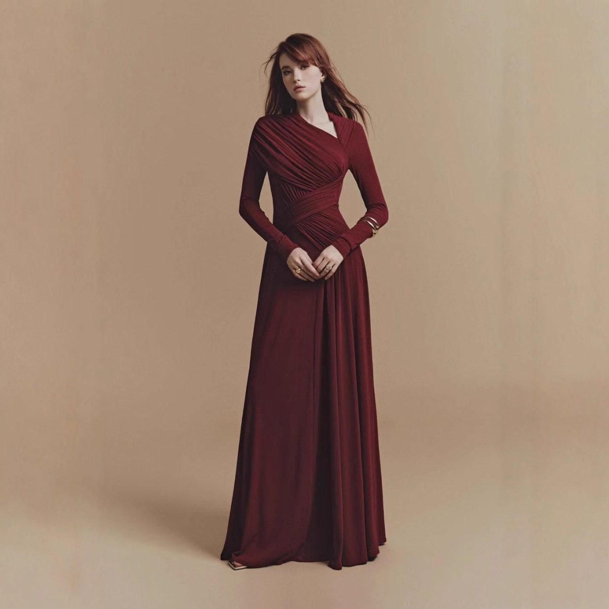 burgundy ruched asymmetric maxi dress with drape Asymmetric Ruched Gown with Diagonal Draping(MS262), burgundy / S