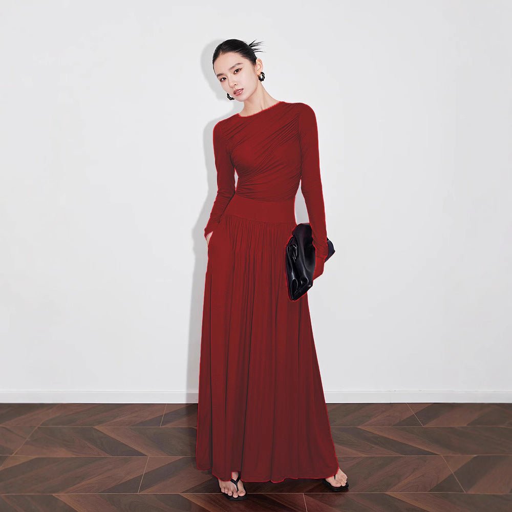 Asymmetric Ruched Knit Dress with Pleated Skirt(MS343) - Mariam's Collection