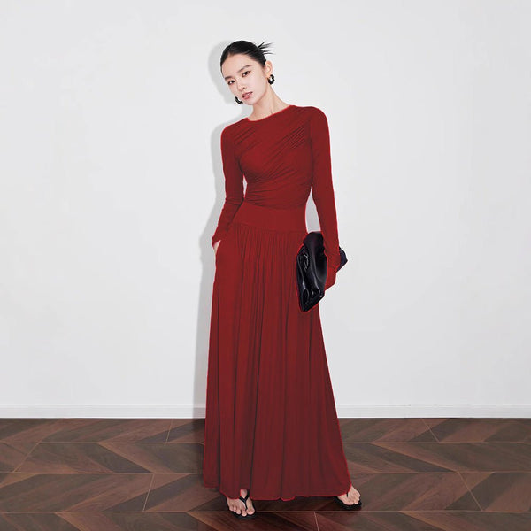 miriom asymmetric knitted midi dress Red Ruched Long Sleeve Maxi Dress Ancora Red / M