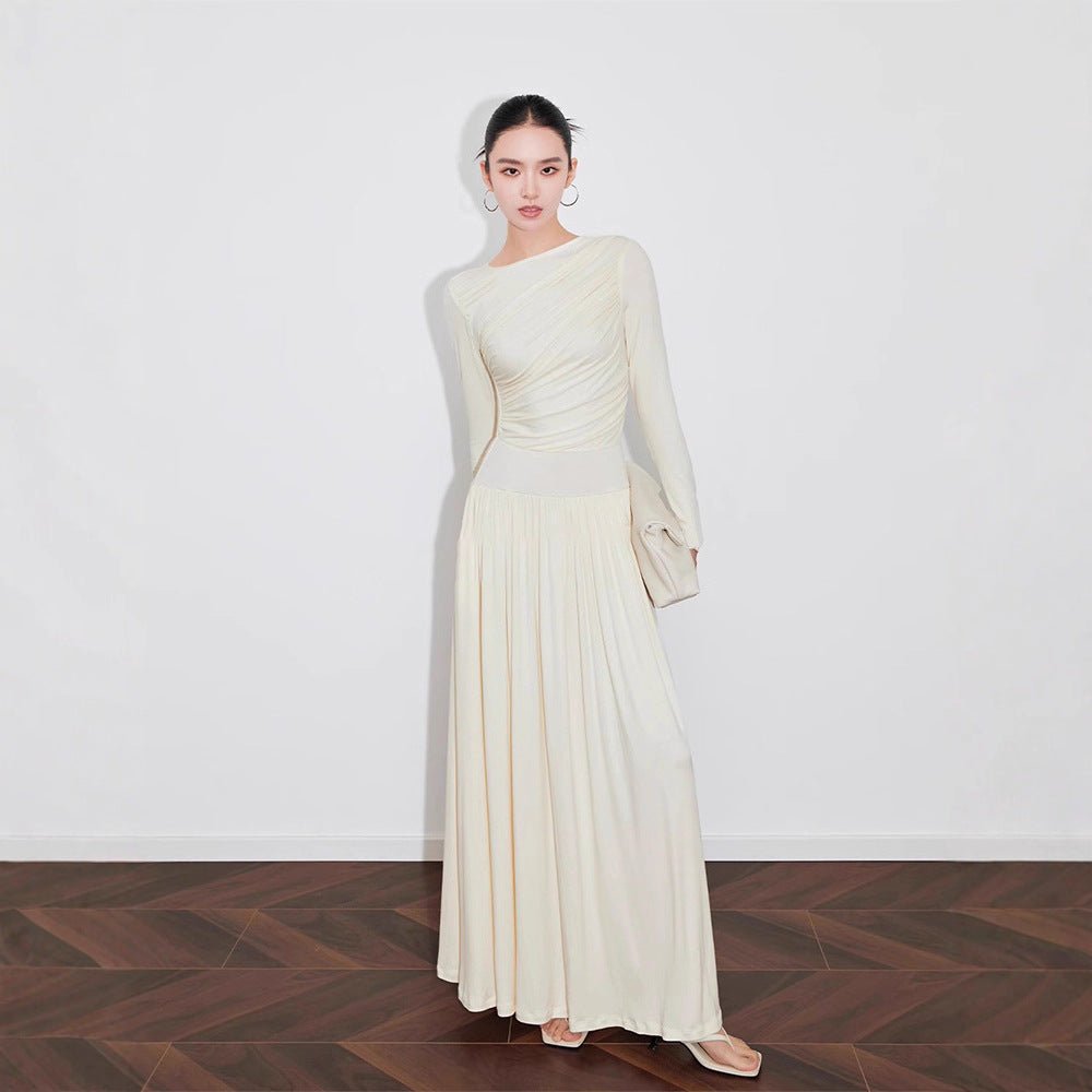 Asymmetric Ruched Knit Dress with Pleated Skirt (MS343) Milky White / L