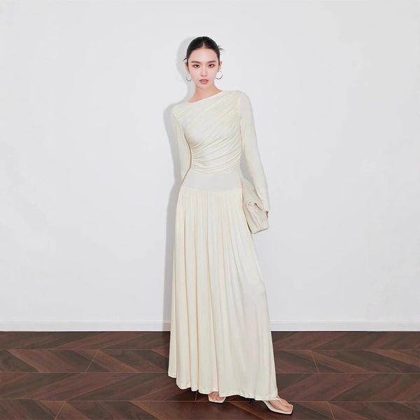 Asymmetric Ruched Knit Dress with Pleated Skirt (MS343) Milky White / L Asymmetric Ruched Knit Dress with Pleated Skirt (MS343) Milky White / L