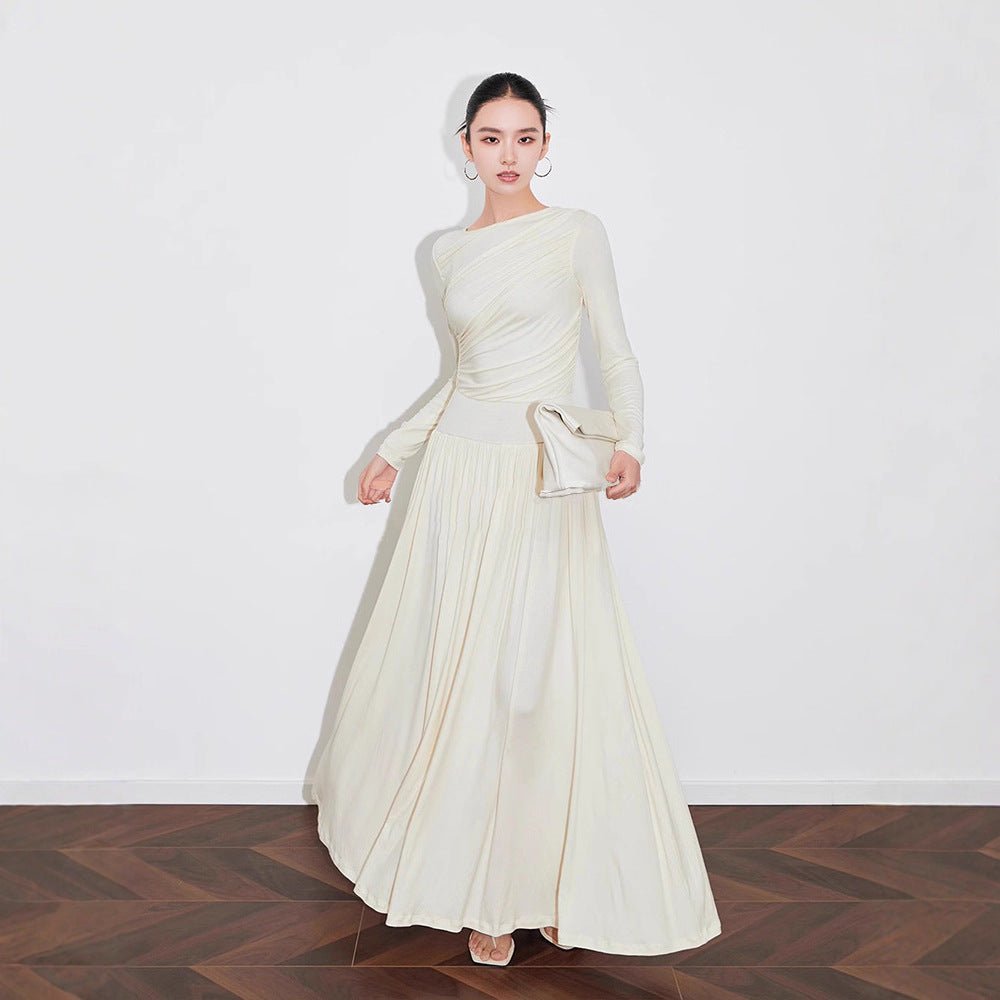 Asymmetric Ruched Knit Dress with Pleated Skirt (MS343) Milky White / L Asymmetric Ruched Knit Dress with Pleated Skirt (MS343) Milky White / L