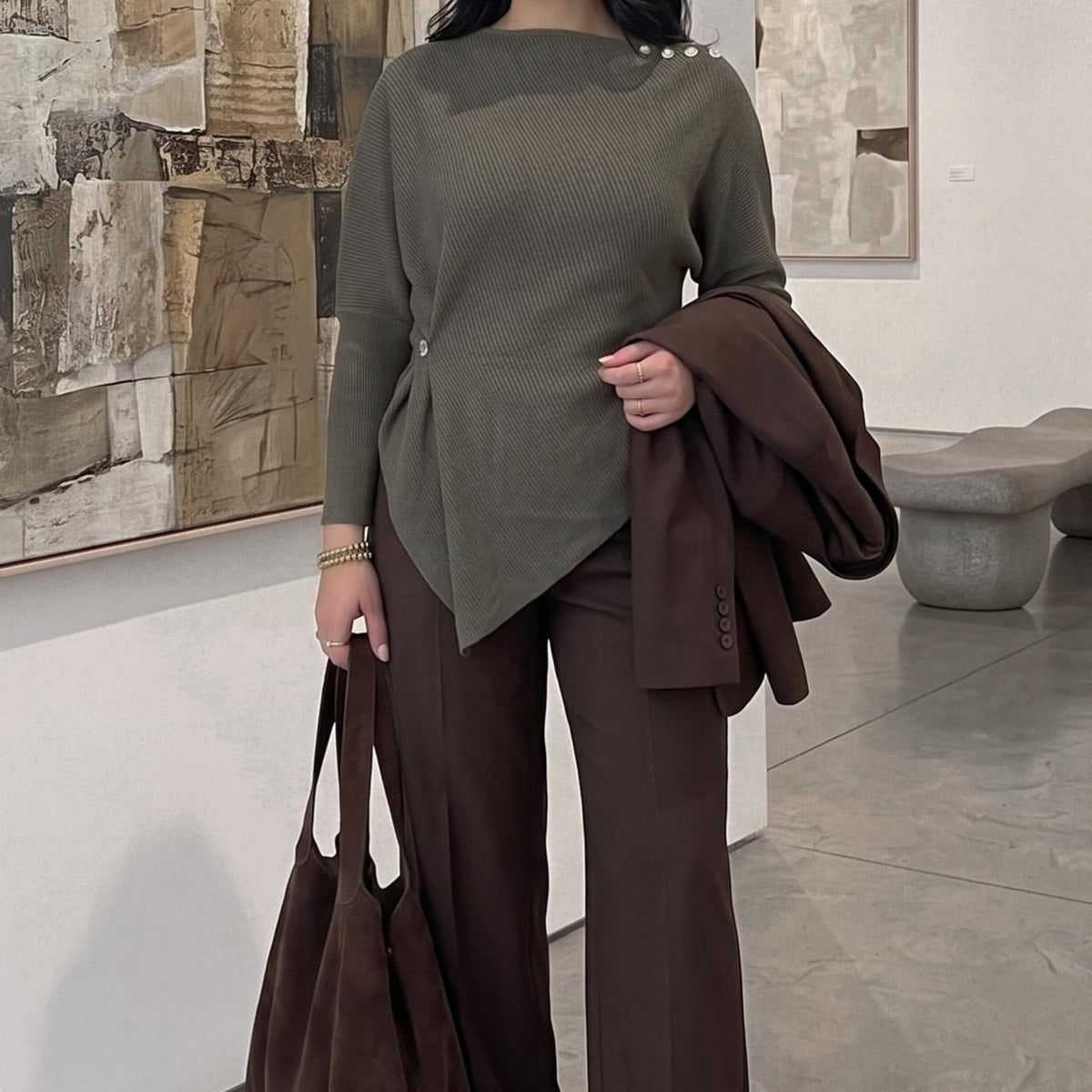 Asymmetric Waist-Detail Knit Top | Long-Sleeve Ribbed Sweater(MS582) - Mariam's Collection