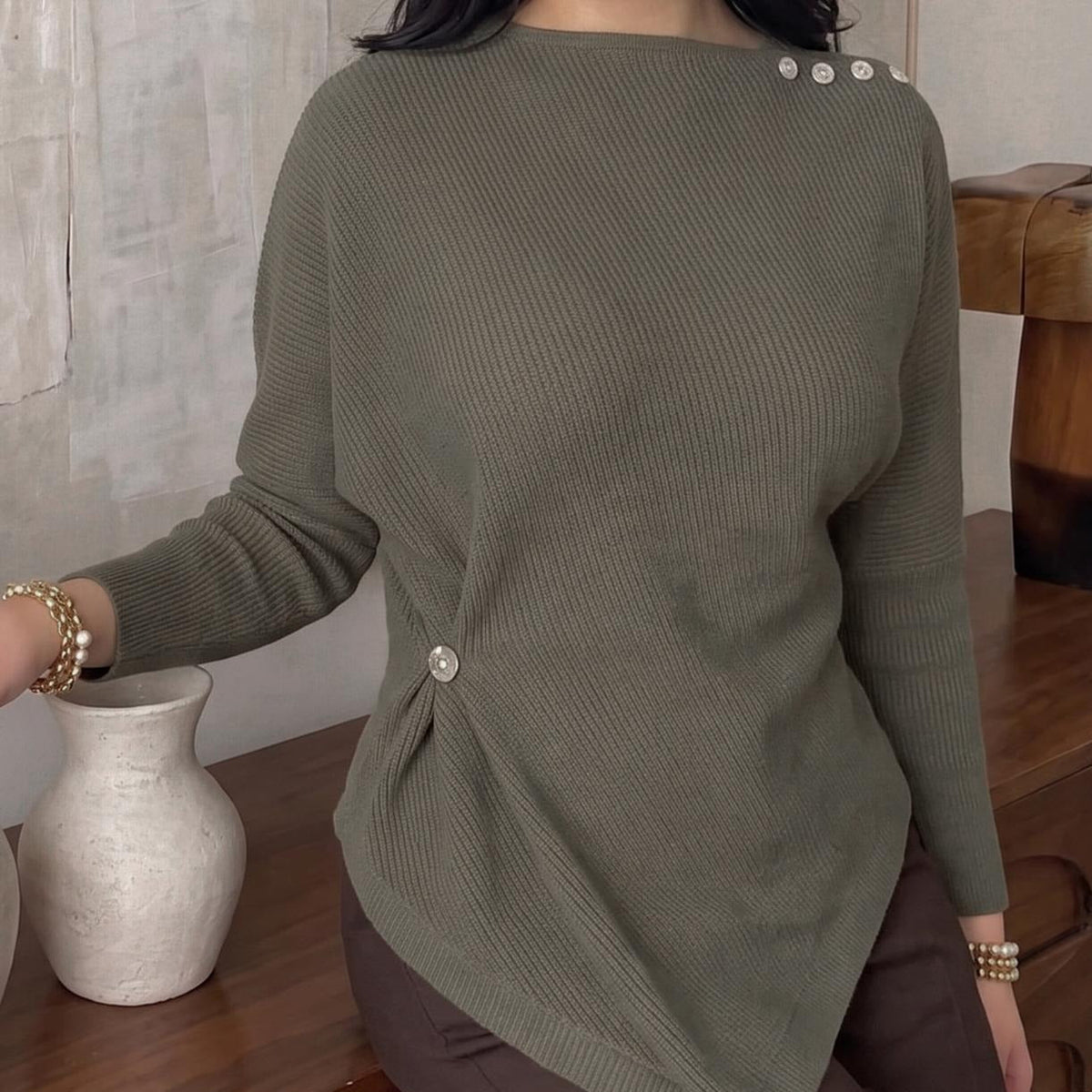 Asymmetric Waist-Detail Knit Top | Long-Sleeve Ribbed Sweater(MS582) - Mariam's Collection
