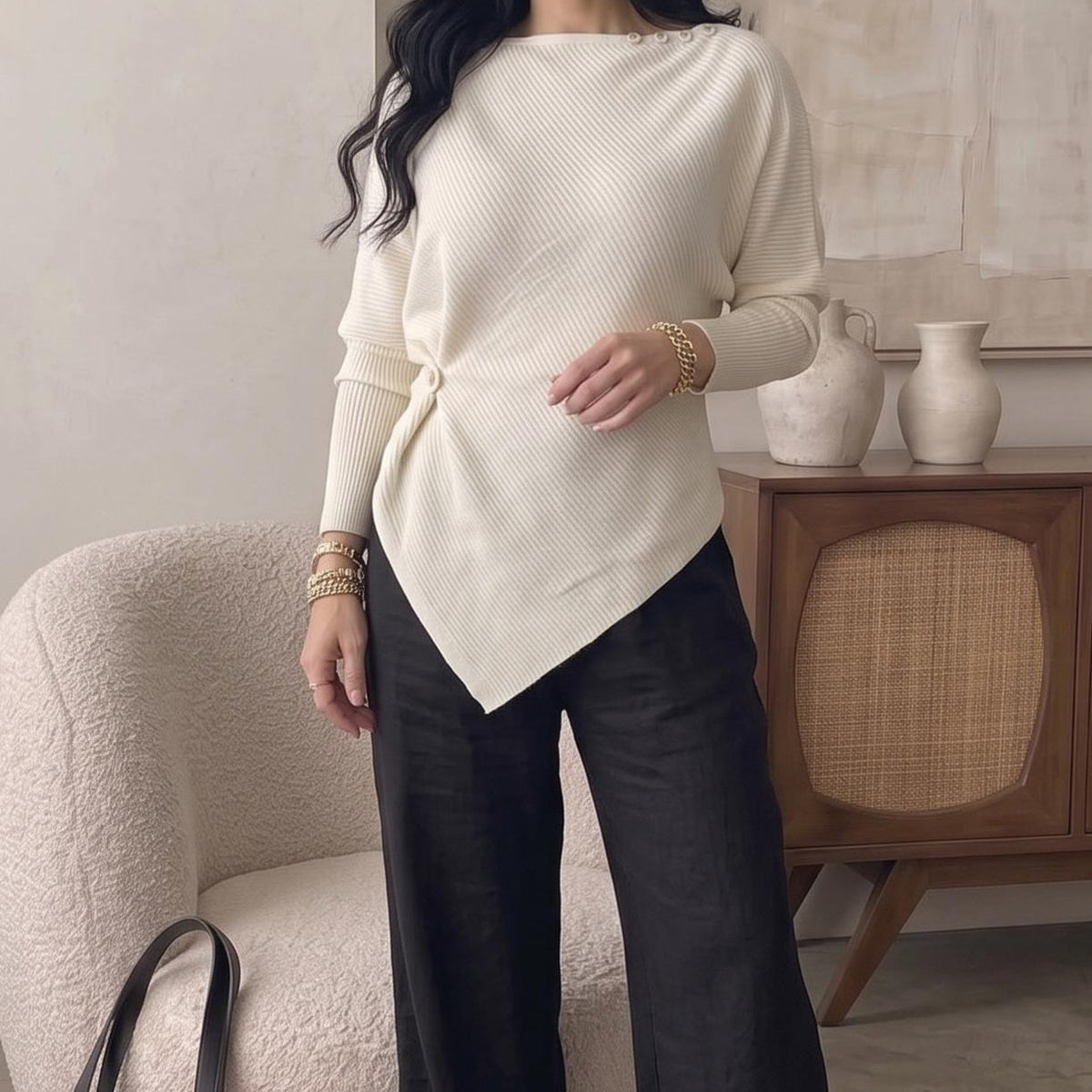 Asymmetric Waist-Detail Knit Top | Long-Sleeve Ribbed Sweater(MS582) - Mariam's Collection
