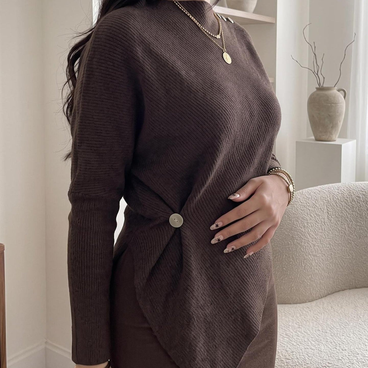 Asymmetric Waist-Detail Knit Top | Long-Sleeve Ribbed Sweater(MS582) - Mariam's Collection