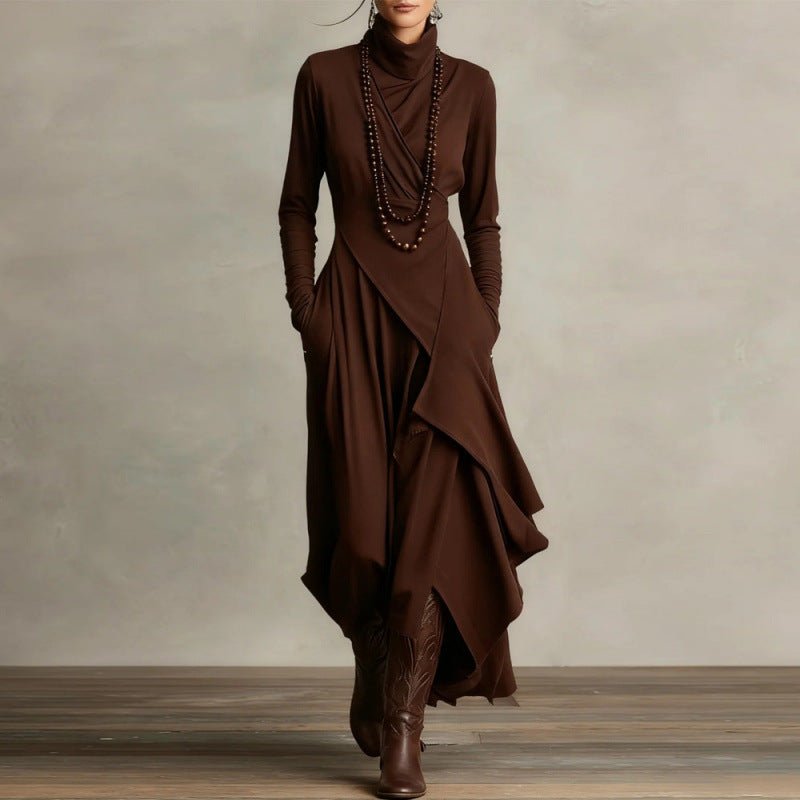 Asymmetric Wrap Gown with Turtleneck | Draped Handkerchief Hem Dress(MS261) - Mariam's Collection