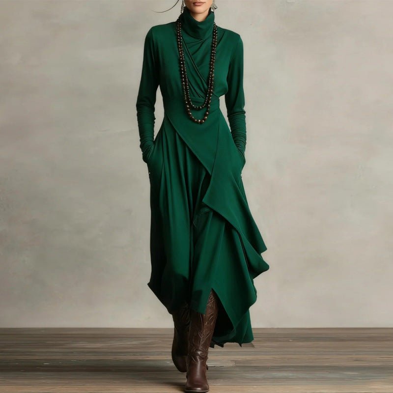 Asymmetric Wrap Gown with Turtleneck | Draped Handkerchief Hem Dress(MS261), green / S Asymmetric Wrap Gown with Turtleneck | Draped Handkerchief Hem Dress(MS261), green / S
