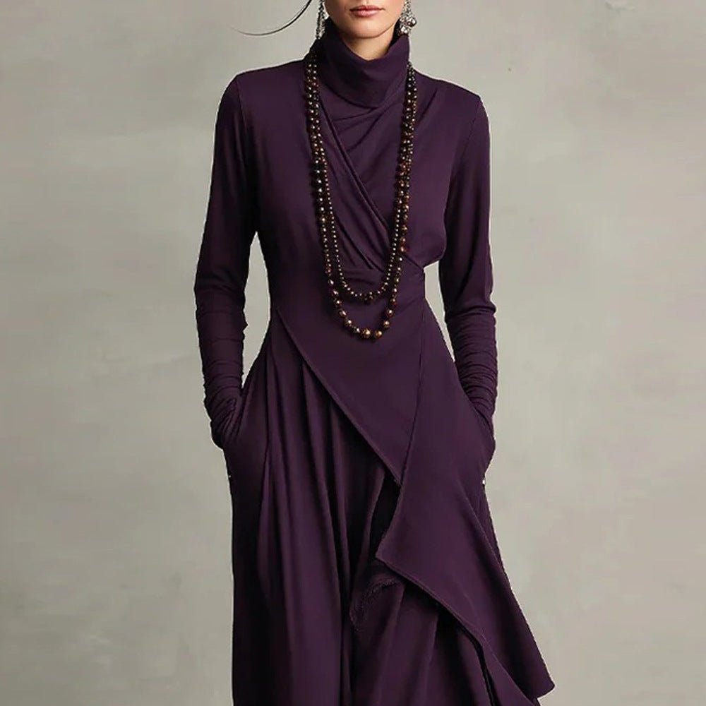 Asymmetric Wrap Gown with Turtleneck | Draped Handkerchief Hem Dress(M
