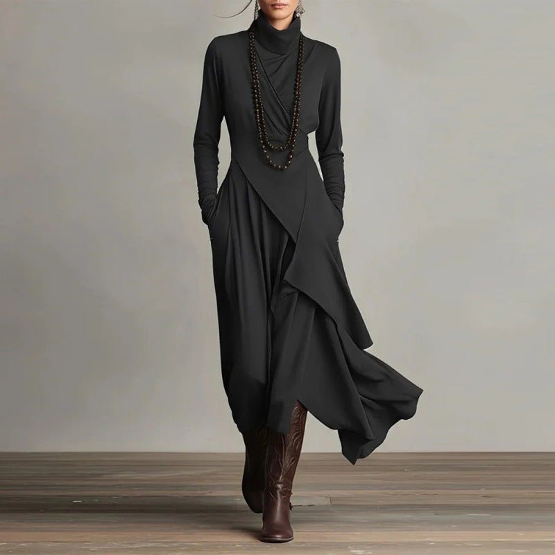 Asymmetric Wrap Gown with Turtleneck | Draped Handkerchief Hem Dress(MS261) Black / S Asymmetric Wrap Gown with Turtleneck | Draped Handkerchief Hem Dress(MS261) Black / S