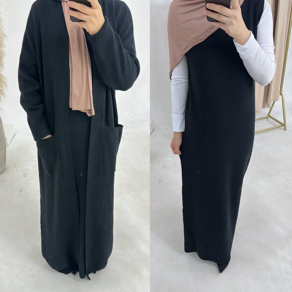 Autumn and Winter Knitted Open Abaya 2 - Piece Set with Pockets (MOA103) - Mariam's Collection