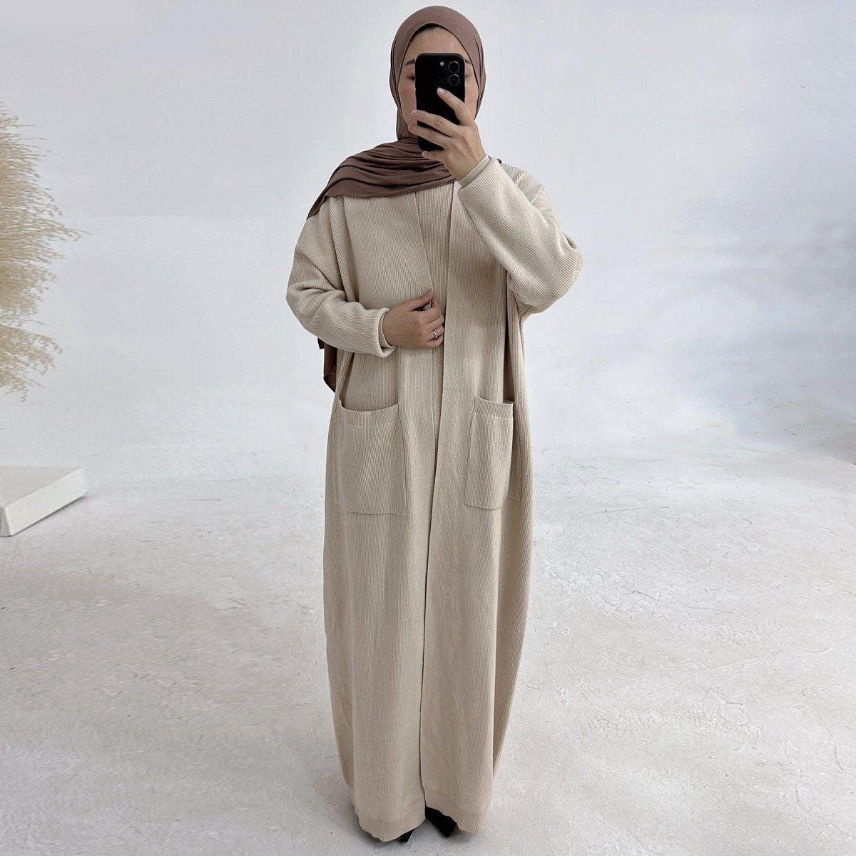 Autumn and Winter Knitted Open Abaya 2 - Piece Set with Pockets (MOA103) - Mariam's Collection