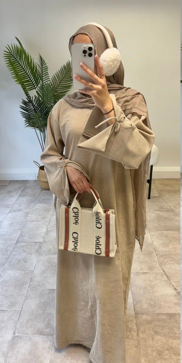 Autumn Bow - Sleeve Corduroy Abaya | Modest Muslim Women's Luxury Wear. (MA248) - Mariam's Collection