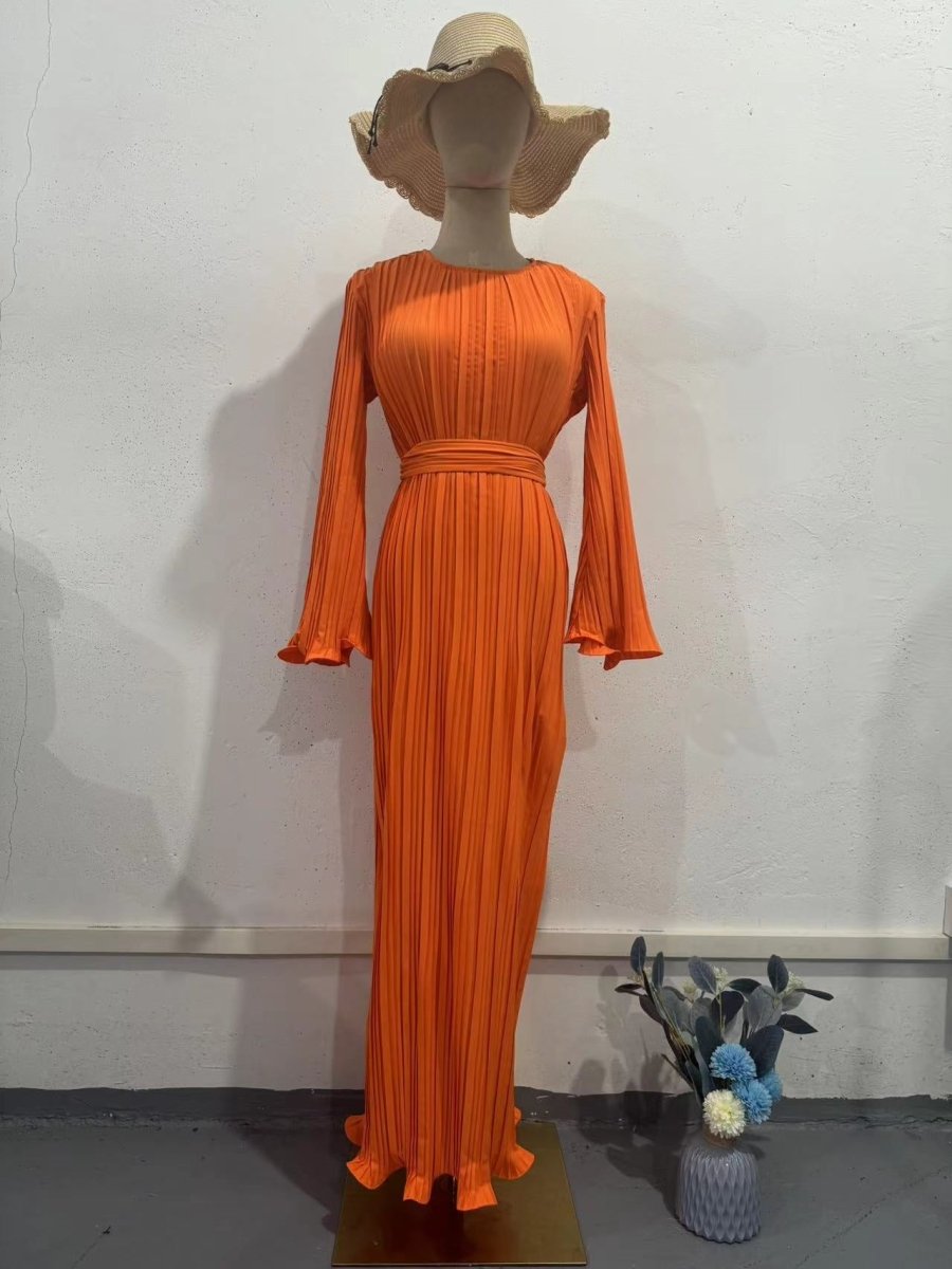 Autumn New Pleated Flared Sleeve Wedding Guest Dress Abaya with Belt(MA193), Orange / S Autumn New Pleated Flared Sleeve Wedding Guest Dress Abaya with Belt(MA193), Orange / S