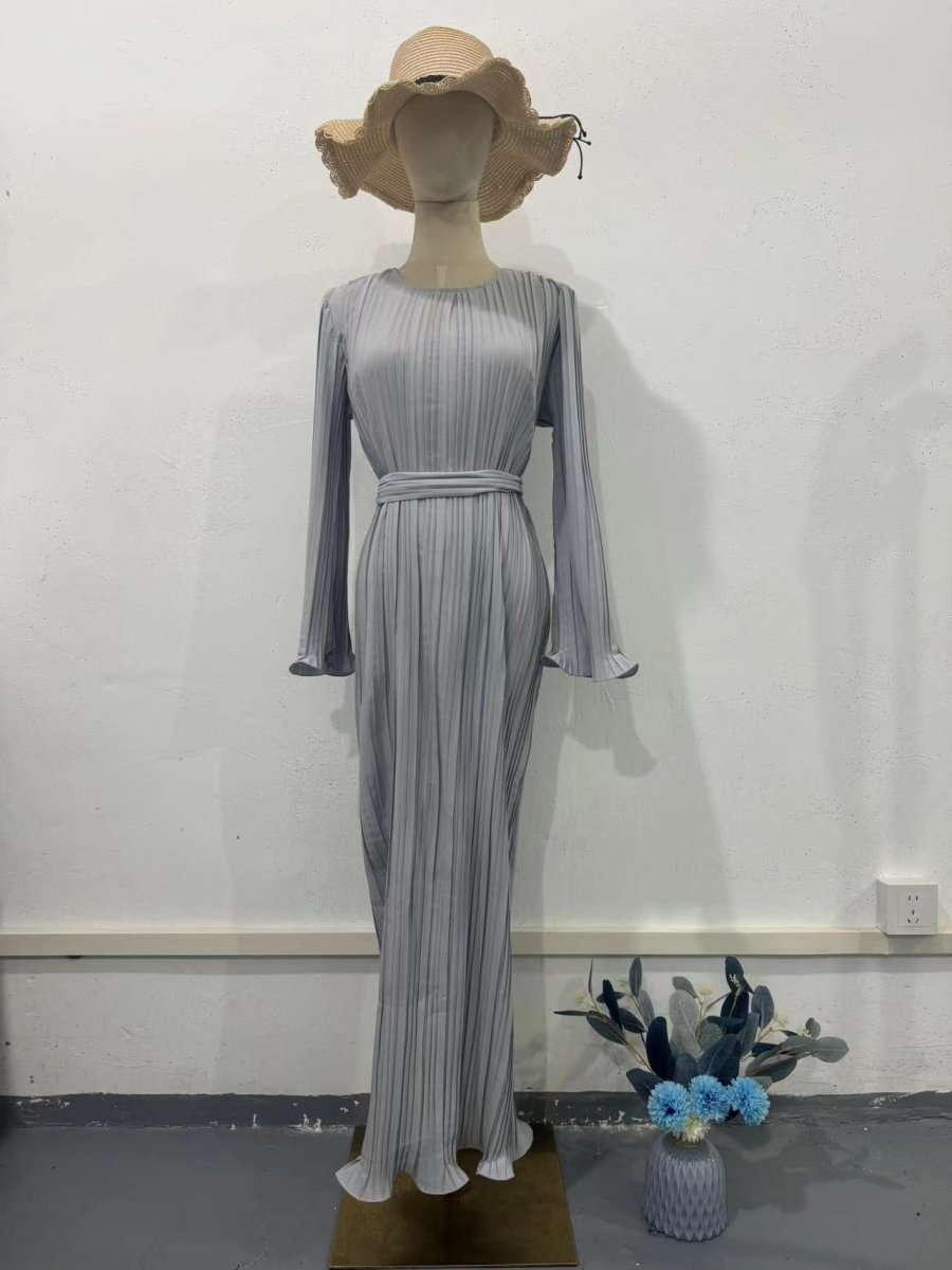 Autumn New Pleated Flared Sleeve Wedding Guest Dress Abaya with Belt(MA193), Fog blue / M Autumn New Pleated Flared Sleeve Wedding Guest Dress Abaya with Belt(MA193), Fog blue / M