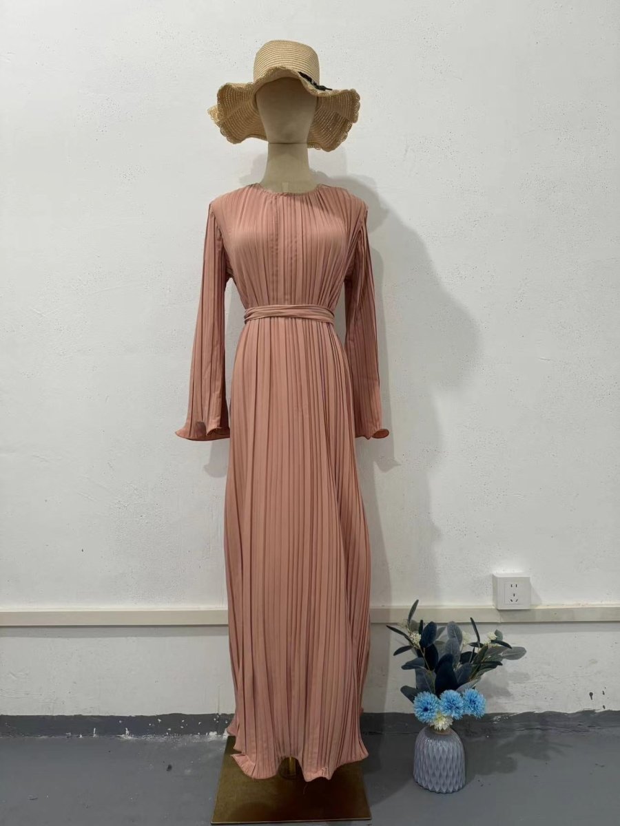 Autumn New Pleated Flared Sleeve Wedding Guest Dress Abaya with Belt(MA193), Coral powder / M Autumn New Pleated Flared Sleeve Wedding Guest Dress Abaya with Belt(MA193), Coral powder / M