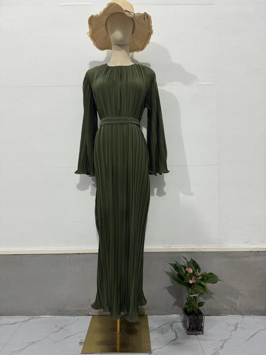 Womens Elegant Blue Pleated with Belt Maxi Dress Green / XL Womens Elegant Blue Pleated with Belt Maxi Dress Green / XL