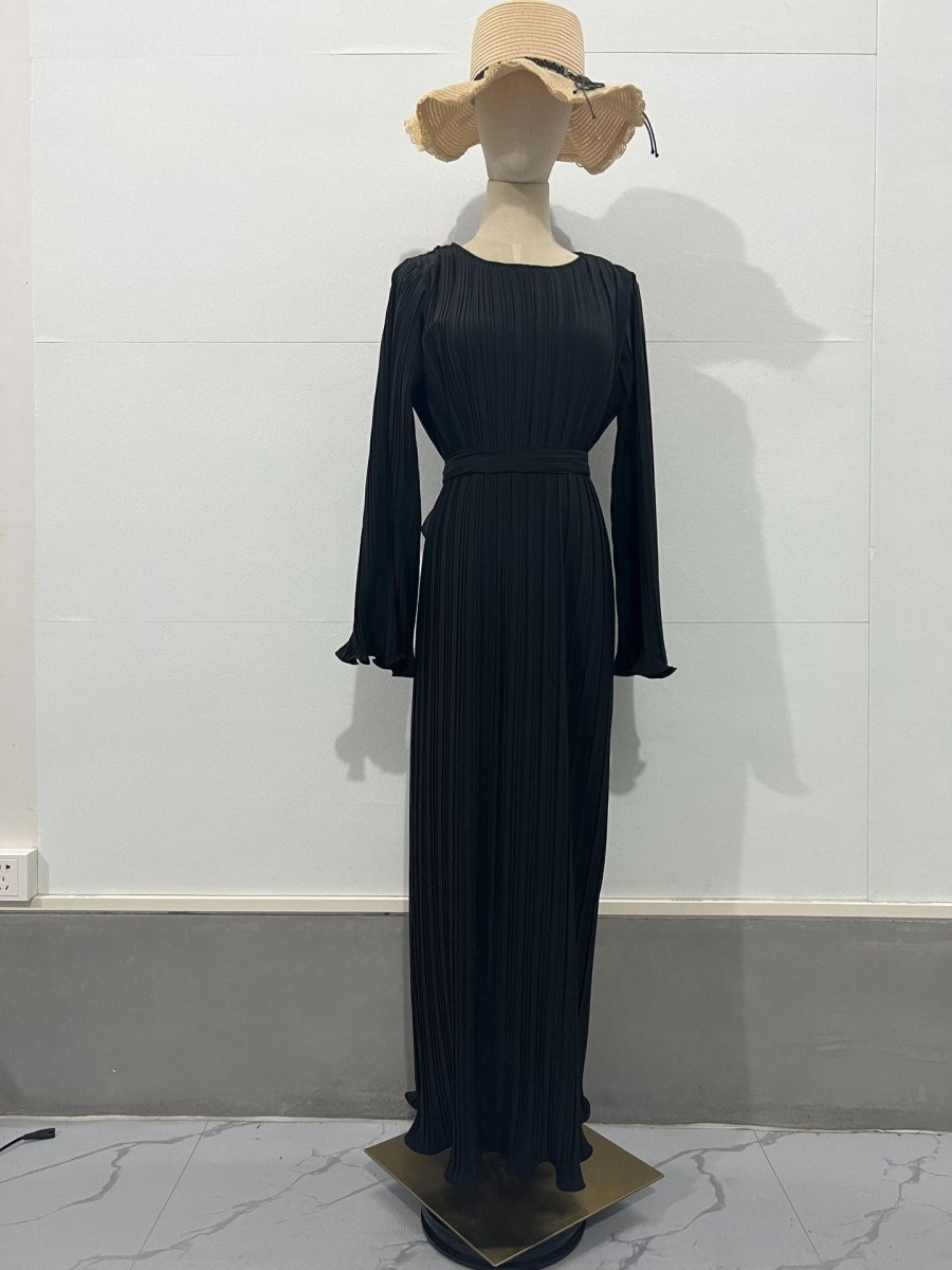 Autumn New Pleated Flared Sleeve Wedding Guest Dress Abaya with Belt. (MA193) Autumn New Pleated Flared Sleeve Wedding Guest Dress Abaya with Belt. (MA193)