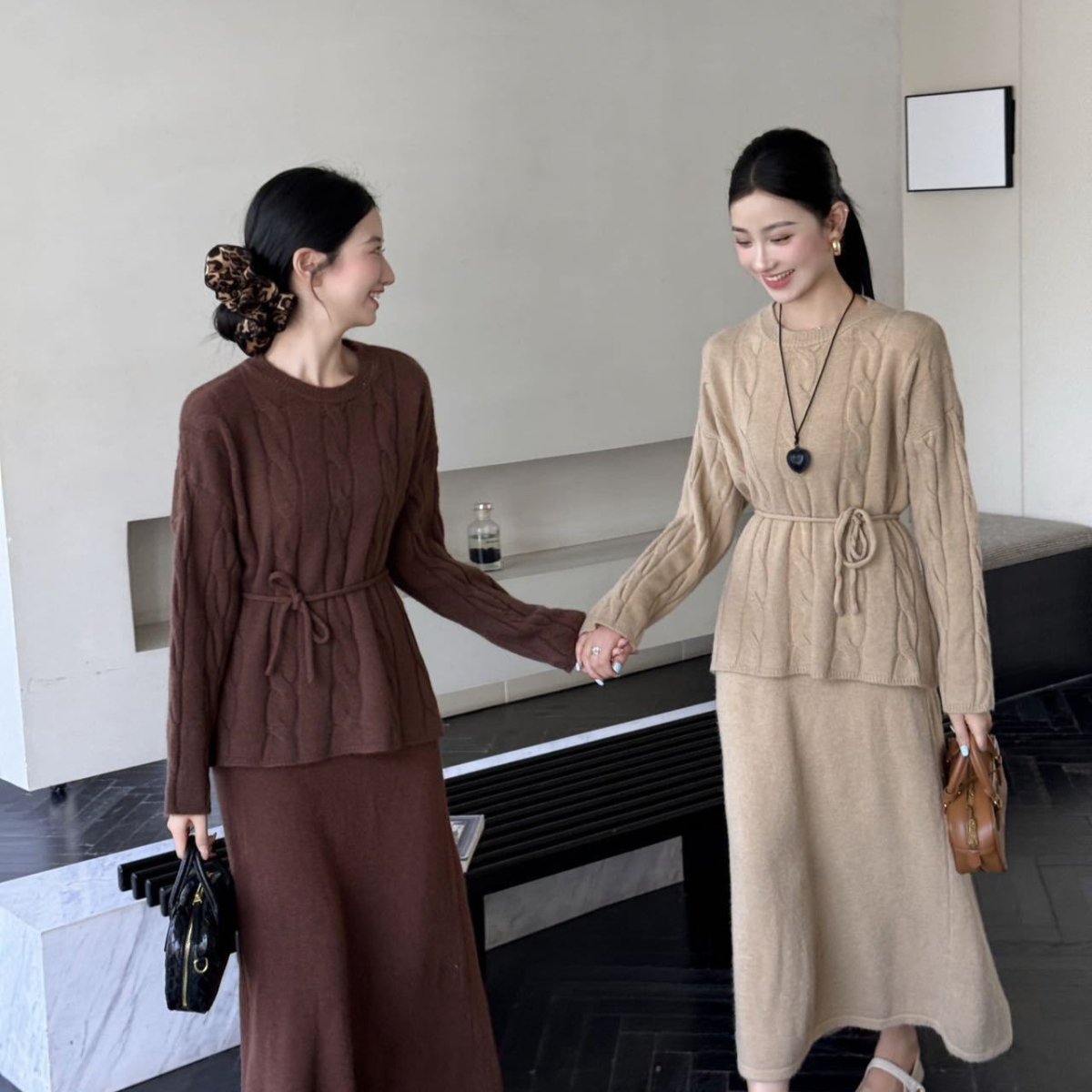 Autumn Winter Cable Knit Two - Piece Set | Round Neck Tie - Waist Sweater & Loose Skirt(MS133) - Mariam's Collection