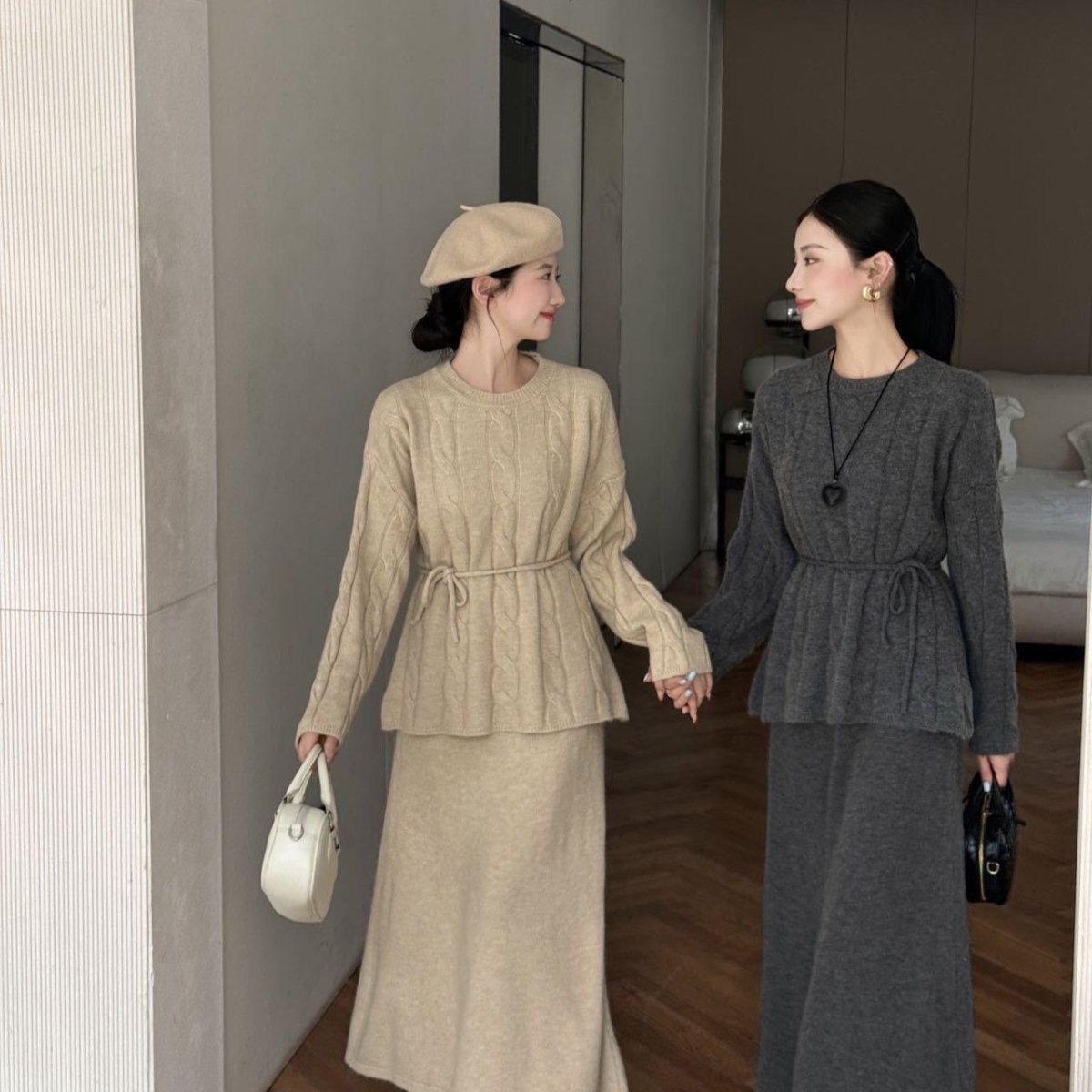 Autumn Winter Cable Knit Two - Piece Set | Round Neck Tie - Waist Sweater & Loose Skirt(MS133) - Mariam's Collection