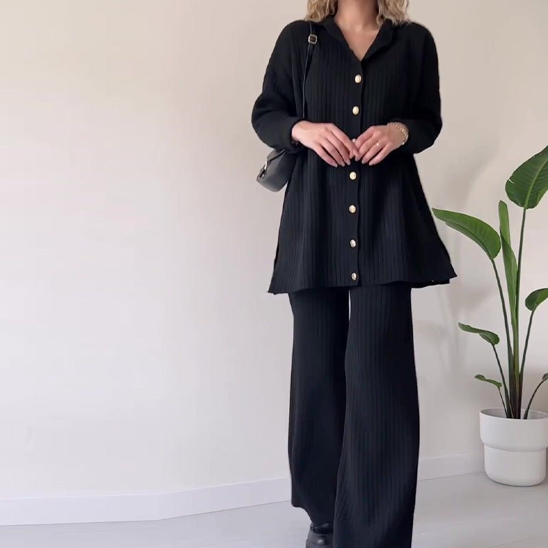 Autumn Winter Knit Two - Piece Set | Button - Up Collar Top & Elastic Waist Pants(MS125) - Mariam's Collection