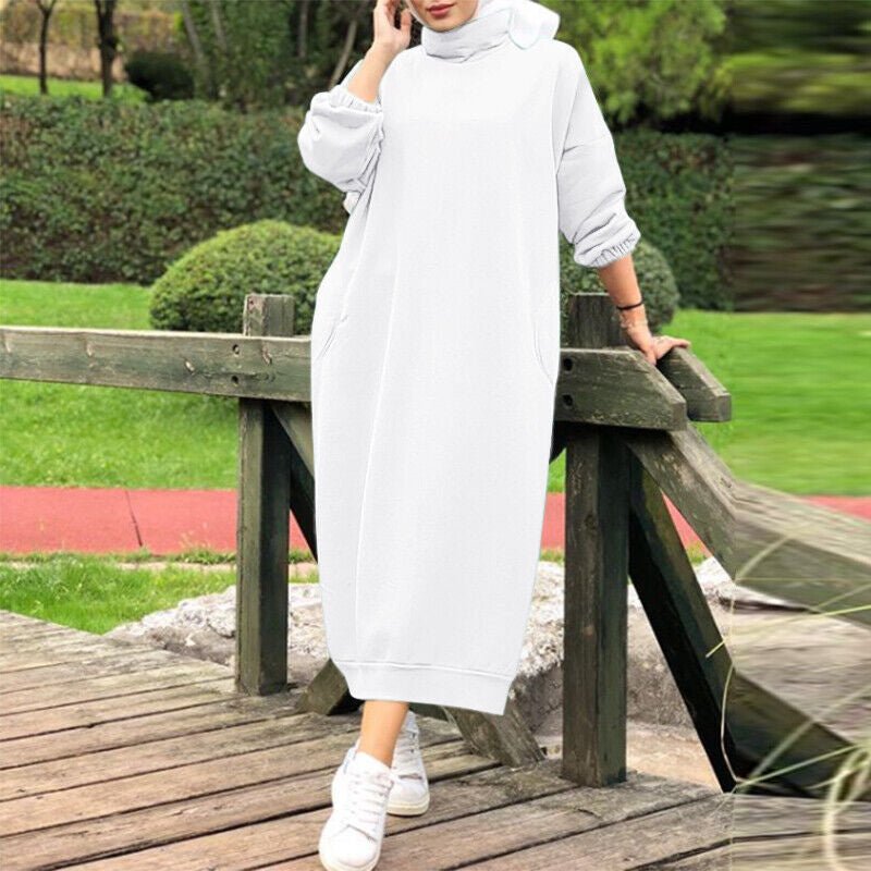 Autumn Winter Lined Turtleneck Maxi Dress | Casual Sweatshirt Dress with Elastic Cuffs (MS138), White / XL Autumn Winter Lined Turtleneck Maxi Dress | Casual Sweatshirt Dress with Elastic Cuffs (MS138), White / XL