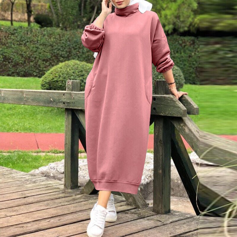 Autumn Winter Lined Turtleneck Maxi Dress | Casual Sweatshirt Dress with Elastic Cuffs (MS138), Pink / 5XL Autumn Winter Lined Turtleneck Maxi Dress | Casual Sweatshirt Dress with Elastic Cuffs (MS138), Pink / 5XL