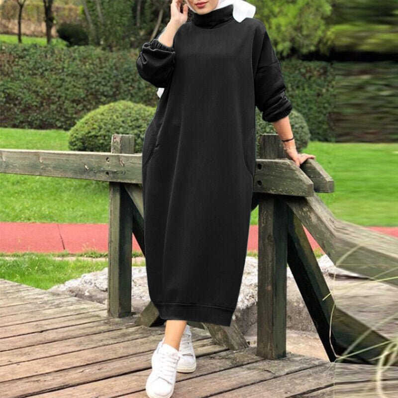 Autumn Winter Lined Turtleneck Maxi Dress | Casual Sweatshirt Dress with Elastic Cuffs (MS138), Black / S Autumn Winter Lined Turtleneck Maxi Dress | Casual Sweatshirt Dress with Elastic Cuffs (MS138), Black / S