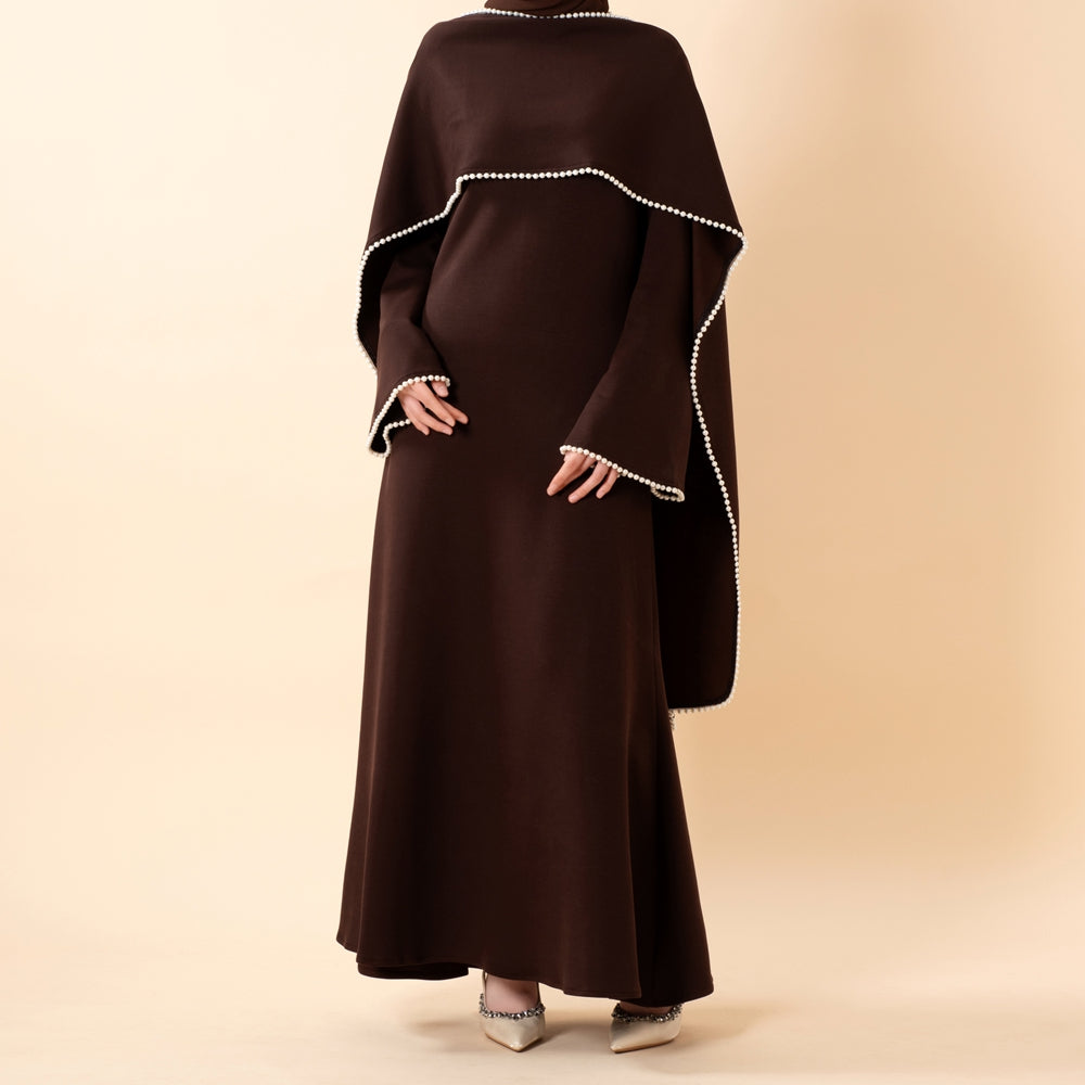 Elegant Pearl Embellished Cape Sleeve Evening Dress(MA337)