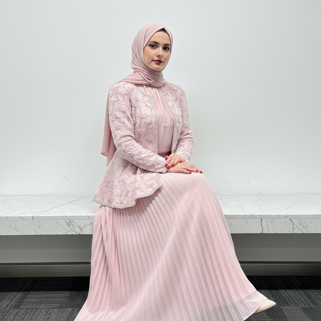 2-Piece Pearl Beaded 3D Rose Embroidered Jacket & Chiffon Pleated Maxi Dress Set(MS401)