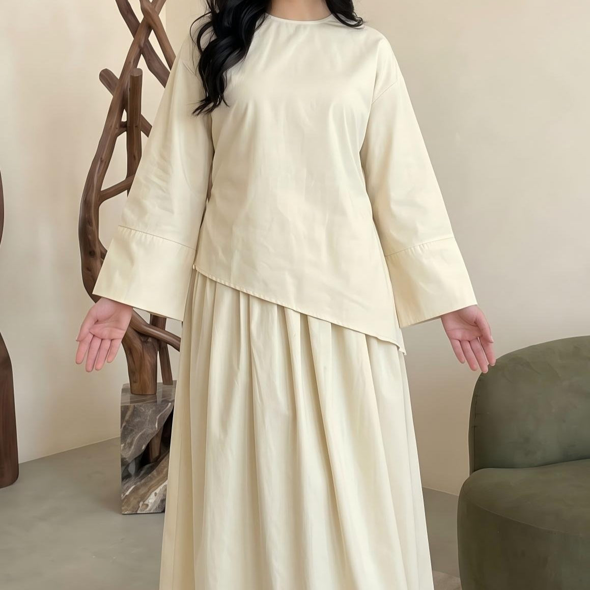 Solid Colour Top & Maxi Skirt Set(MS556)