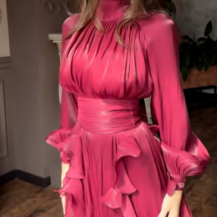 Cascading Ruffle Gown | High Neck Tie-Waist Maxi Dress(MS231)