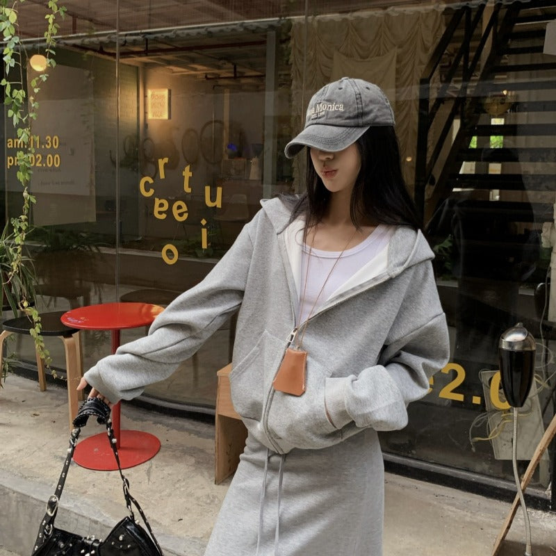 Casual Grey Zip-Up Hoodie & High Waist Drawstring A-Line Skirt Set(MS130)