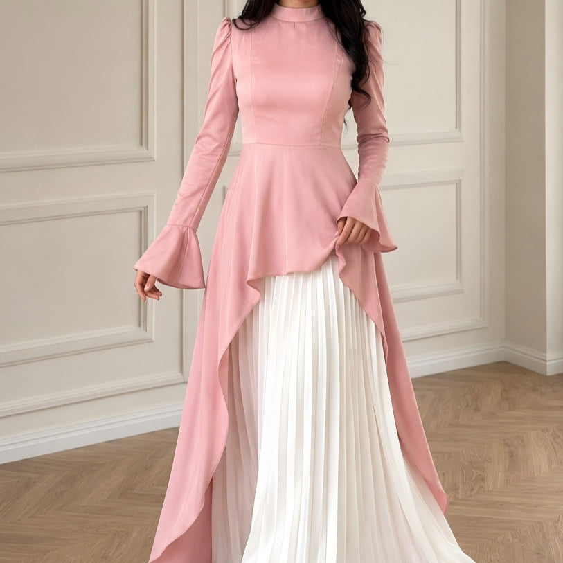 Pink & Ivory Peplum Pleated Maxi Dress(MS512)