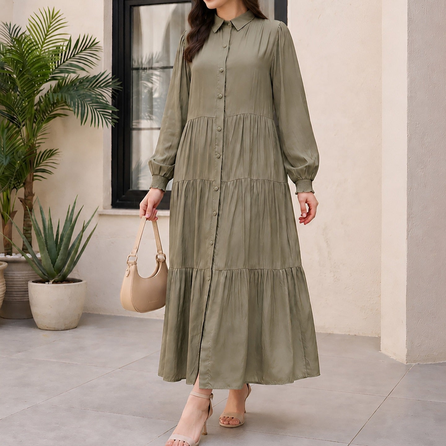 Shirt Collar Button-Down Tiered Maxi Dress(MA465)