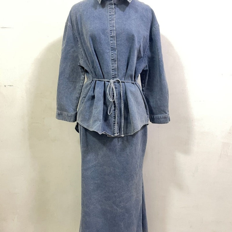 Casual Loose Denim Shirt & Skirt Set | Professional Commuter Two-Piece Outfit(MS132)